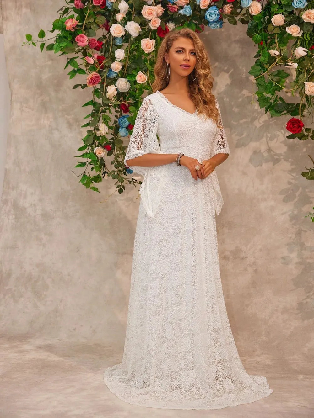 Lace V-neck bell sleeve floor-length maxi dress