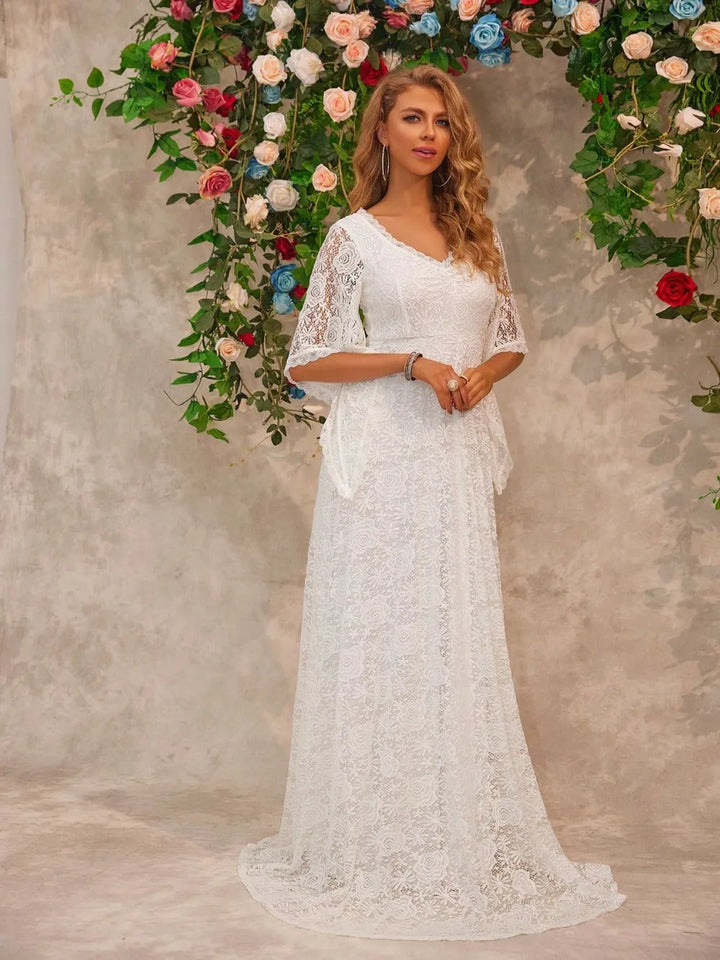 Lace V-neck bell sleeve floor-length maxi dress