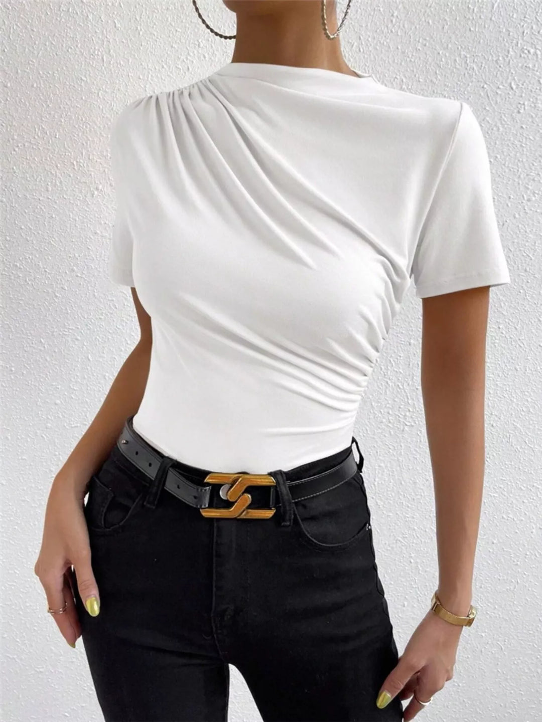 Ruched asymmetric short sleeve fitted top