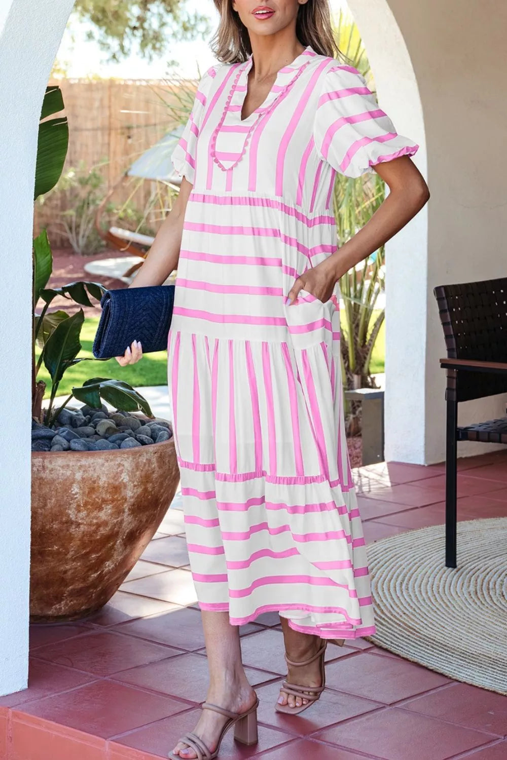 Striped ricrac trim notched neck tiered maxi dress