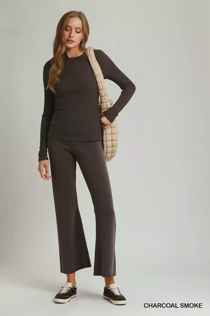 Brushed ribbed long sleeve fitted crew neck top