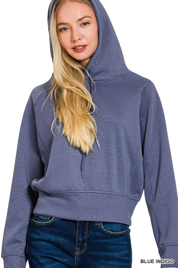 Drawstring scuba knit pullover hoodie with split neck