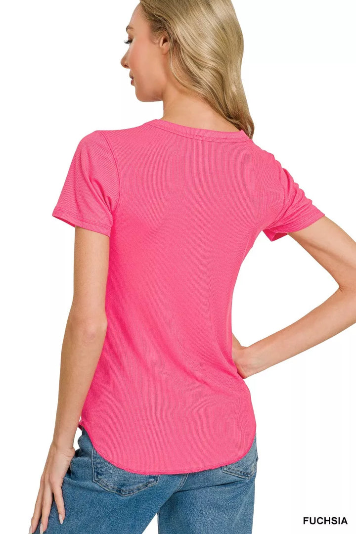 Ribbed knit crew neck tee with curved hem