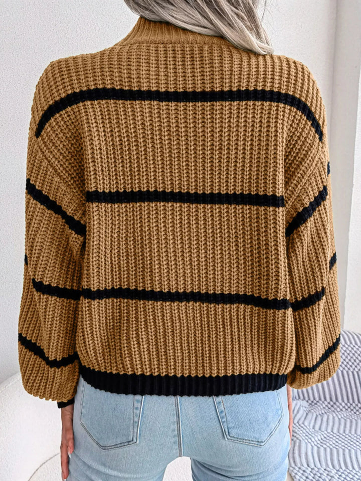 Striped mock neck chunky ribbed knit sweater