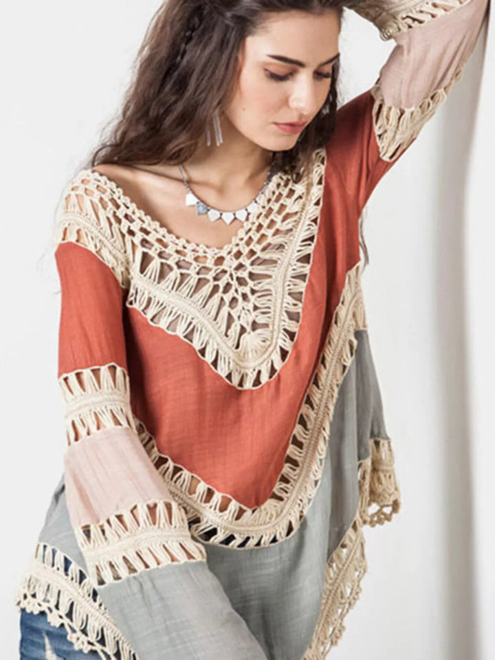 Orange Crochet trim color block long sleeve beach cover-up