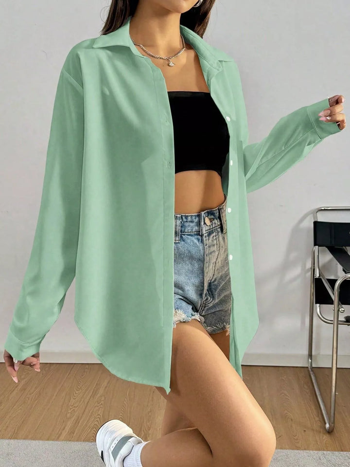 Oversized button-front long sleeve shirt with collar