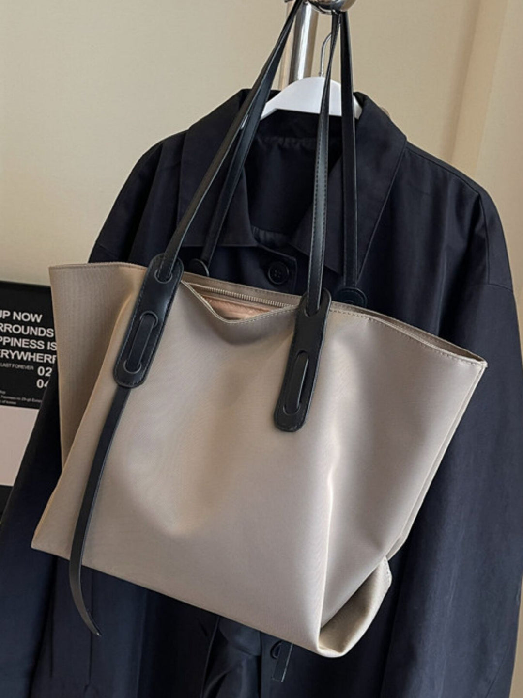 Large capacity nylon shoulder tote bag with contrast straps