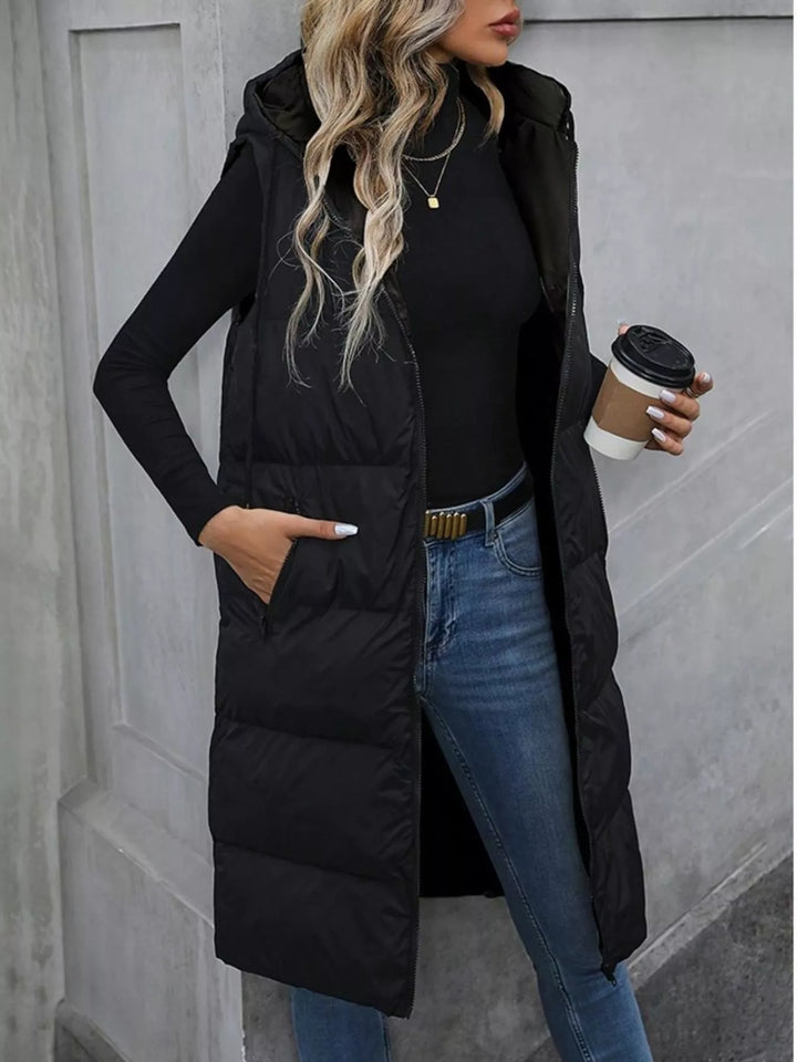 Longline hooded puffer vest with zip pockets