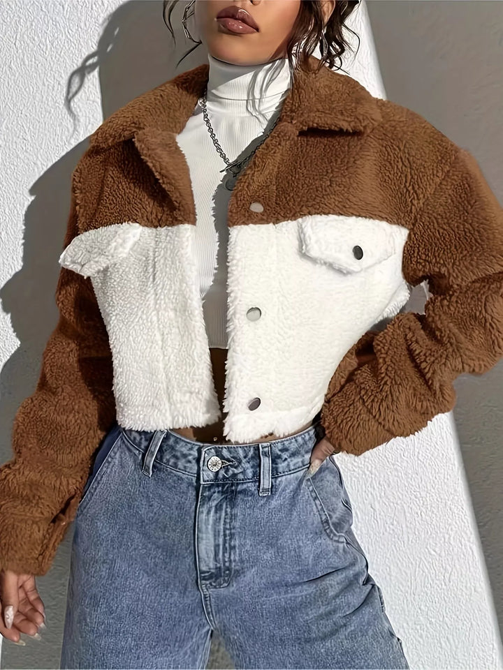 Two-tone sherpa cropped trucker jacket with snap front