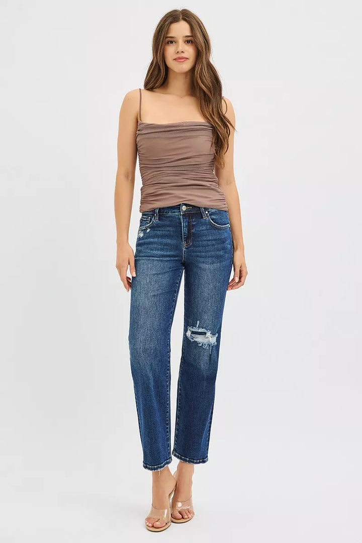 Distressed high-rise cropped slim straight jeans with raw hem