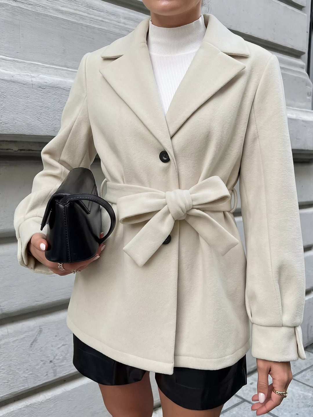 Beige Belted notch lapel short coat with flap pockets