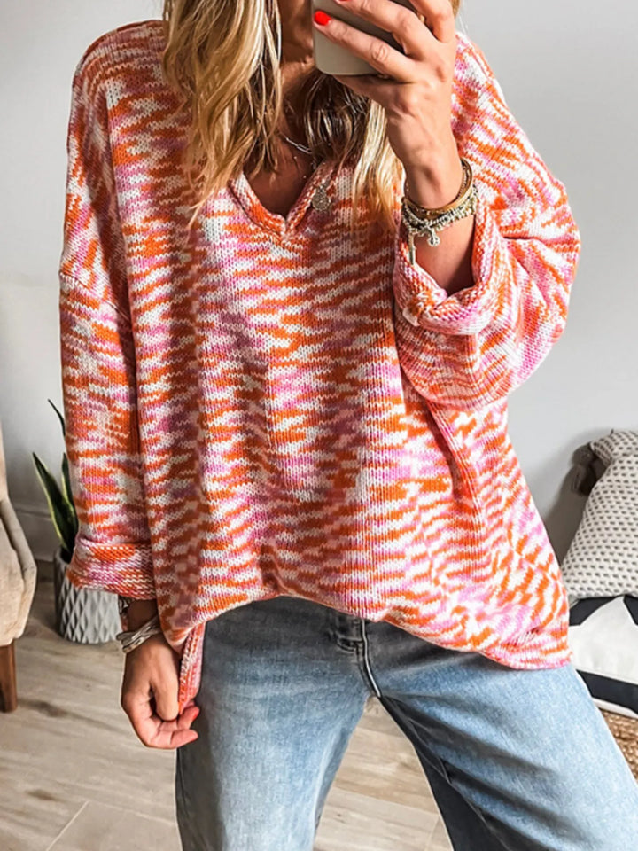 Burnt Coral Space-dye marled V-neck knit pullover sweater