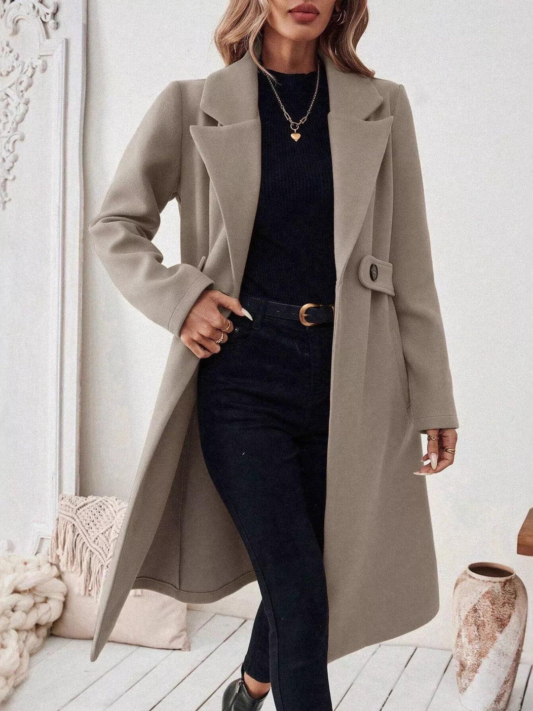 Khaki Notch lapel open-front longline coat with side pockets