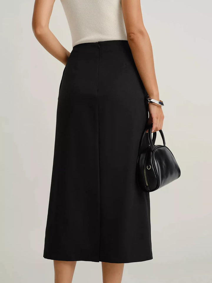 High-rise button-front midi skirt with flap pockets