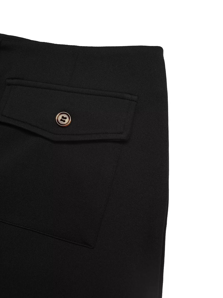Button-front high-rise midi skirt with flap pockets and front slit