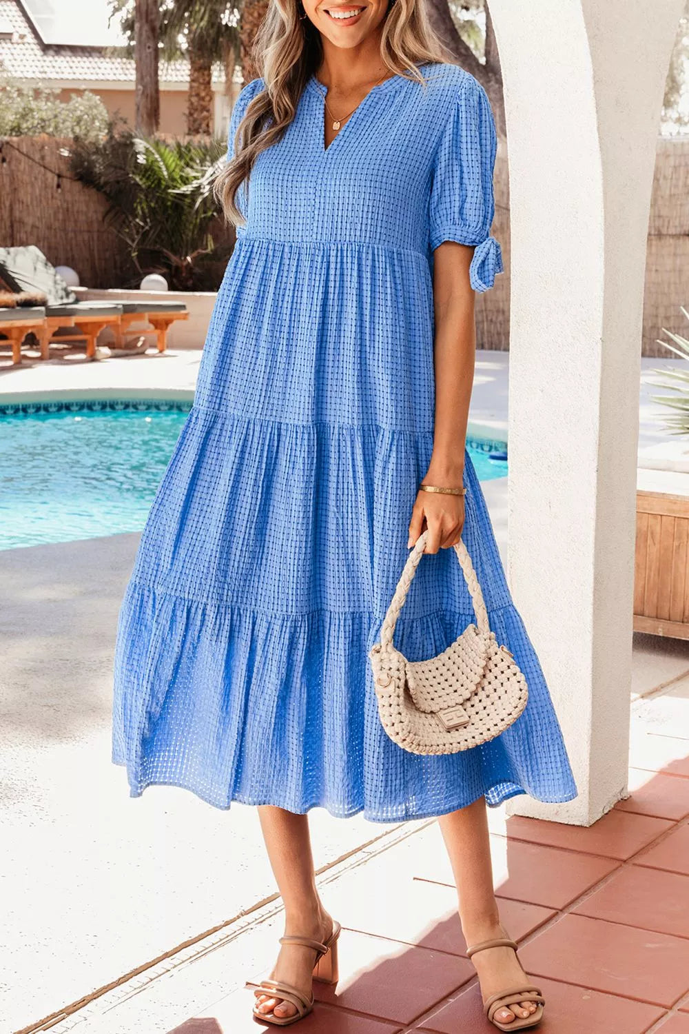 Blue Tiered midi dress with notched neckline and tie sleeves
