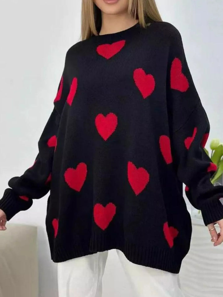 Black Oversized heart-print knit sweater with drop shoulders
