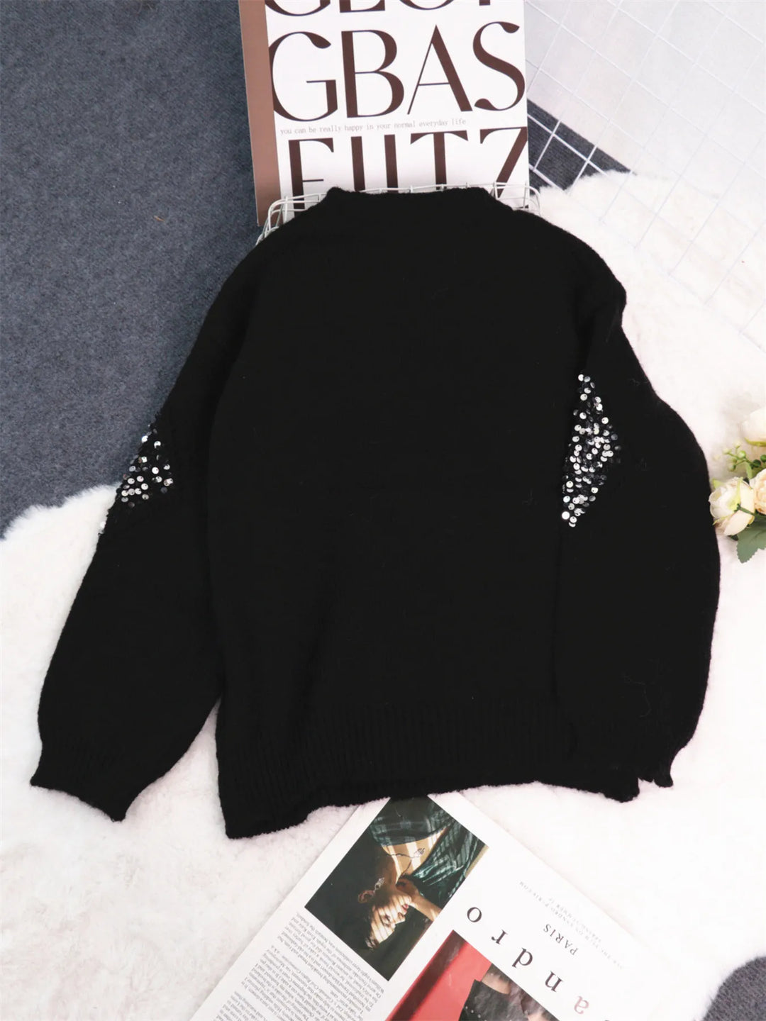 Sequined diamond pointelle knit oversized sweater