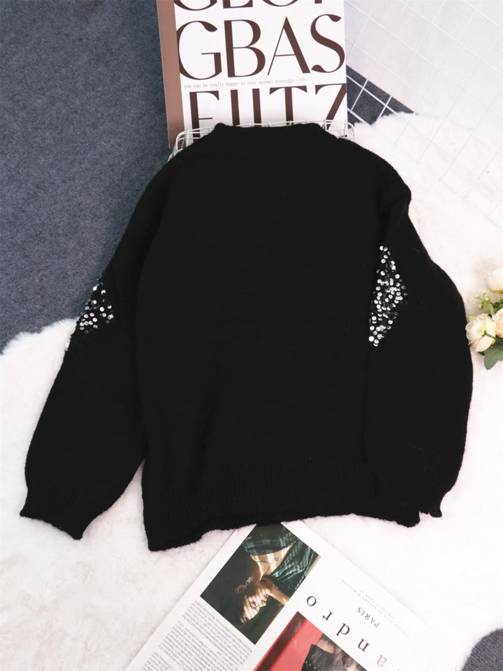 Sequined diamond pointelle knit oversized sweater