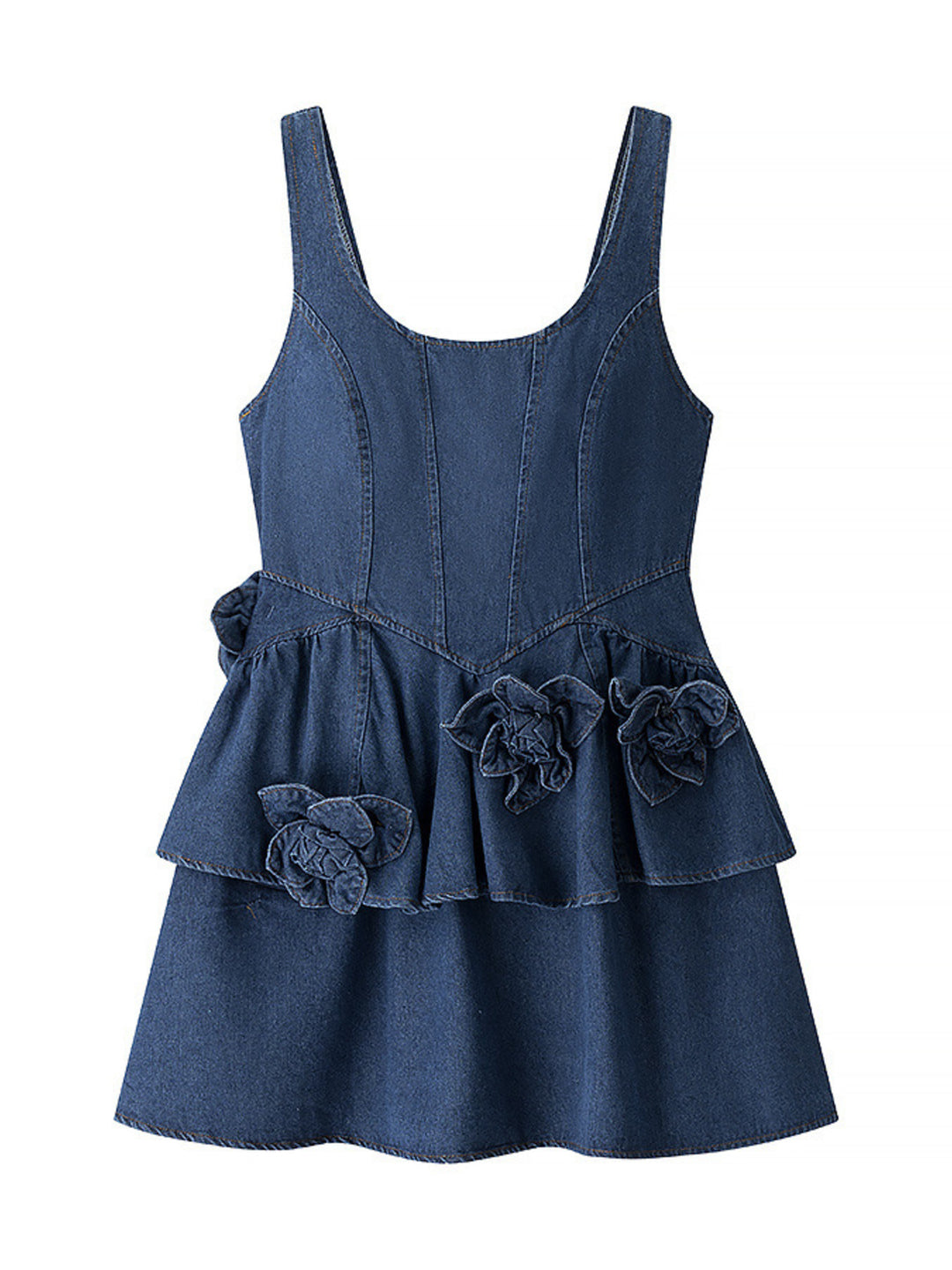 Tiered ruffle denim mini dress with rose appliqués