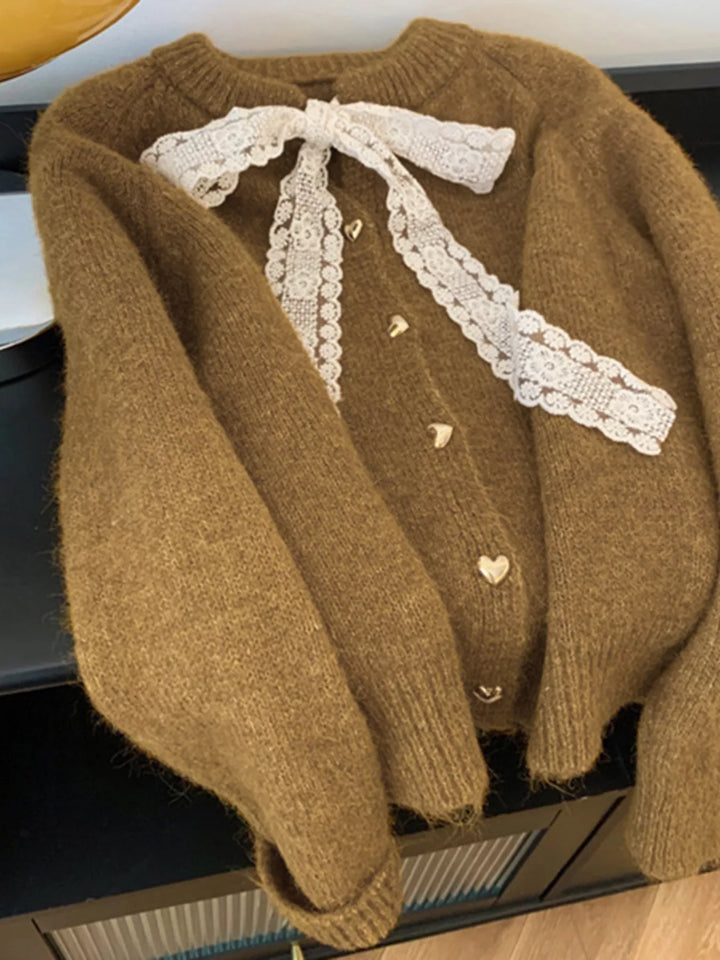 Lace bow knit cardigan with gold heart buttons