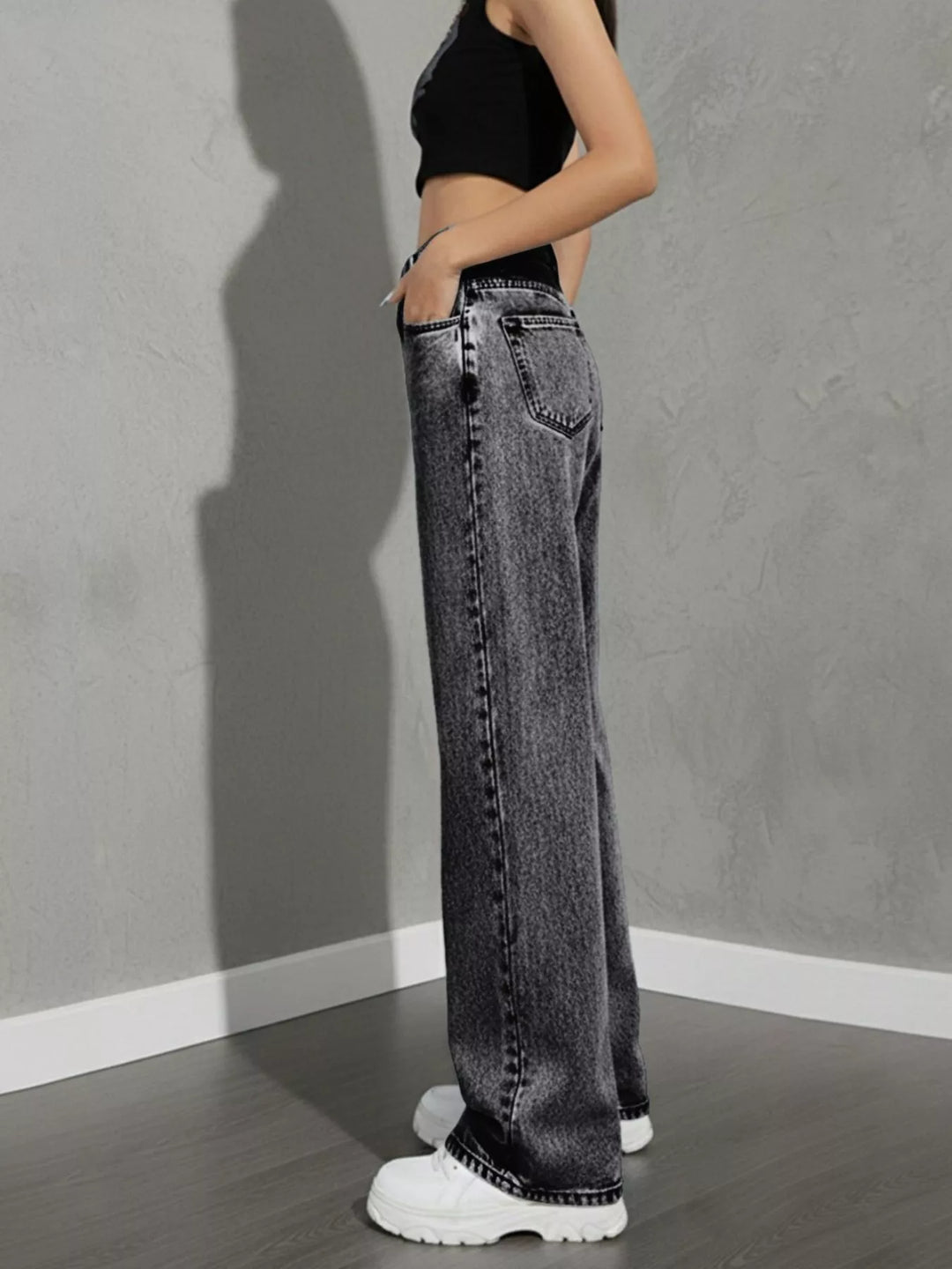 Asymmetric crossover high-rise wide leg jeans