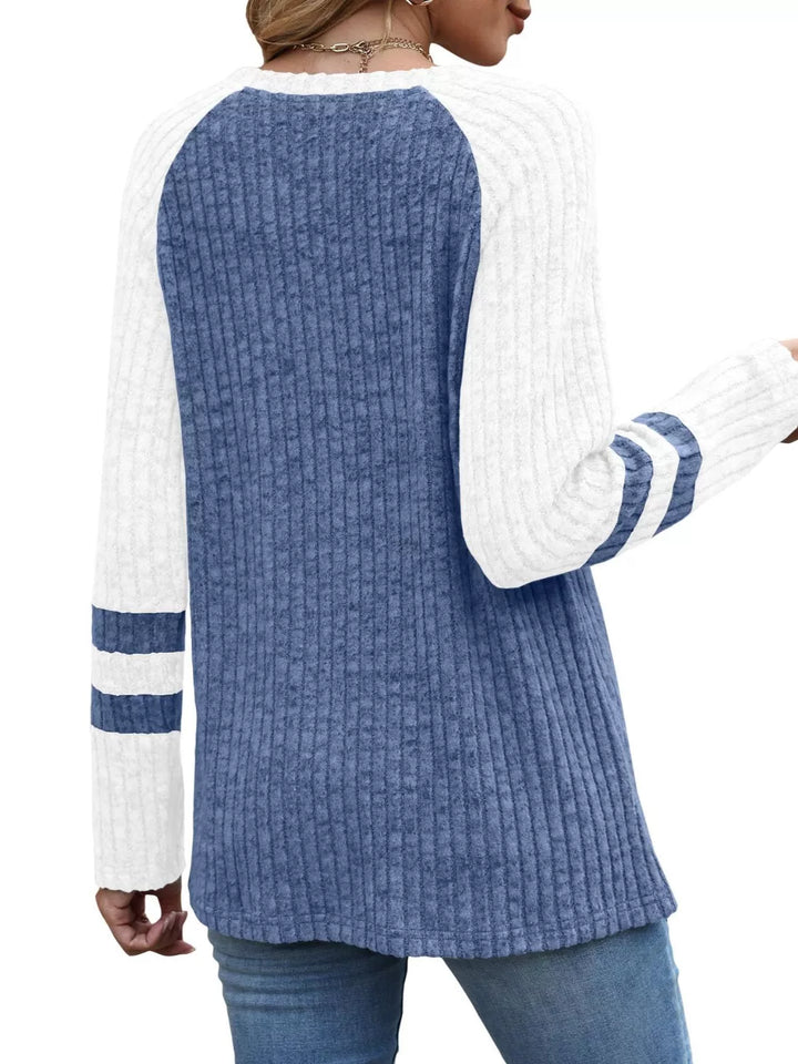 Ribbed knit raglan long sleeve top with varsity stripe sleeves
