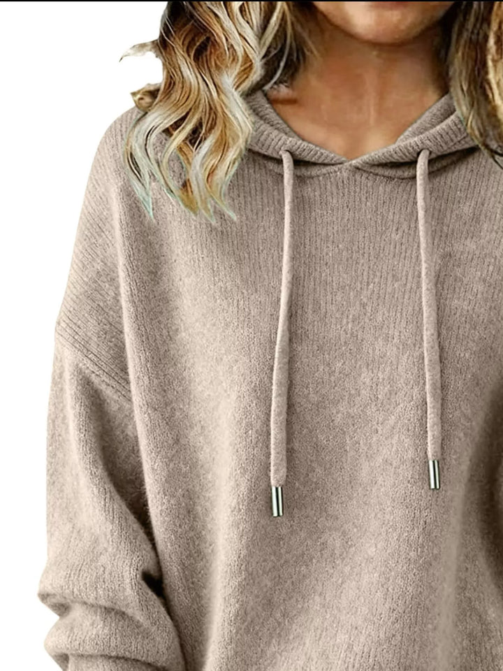 Drawstring hooded knit pullover sweater with ribbed cuffs