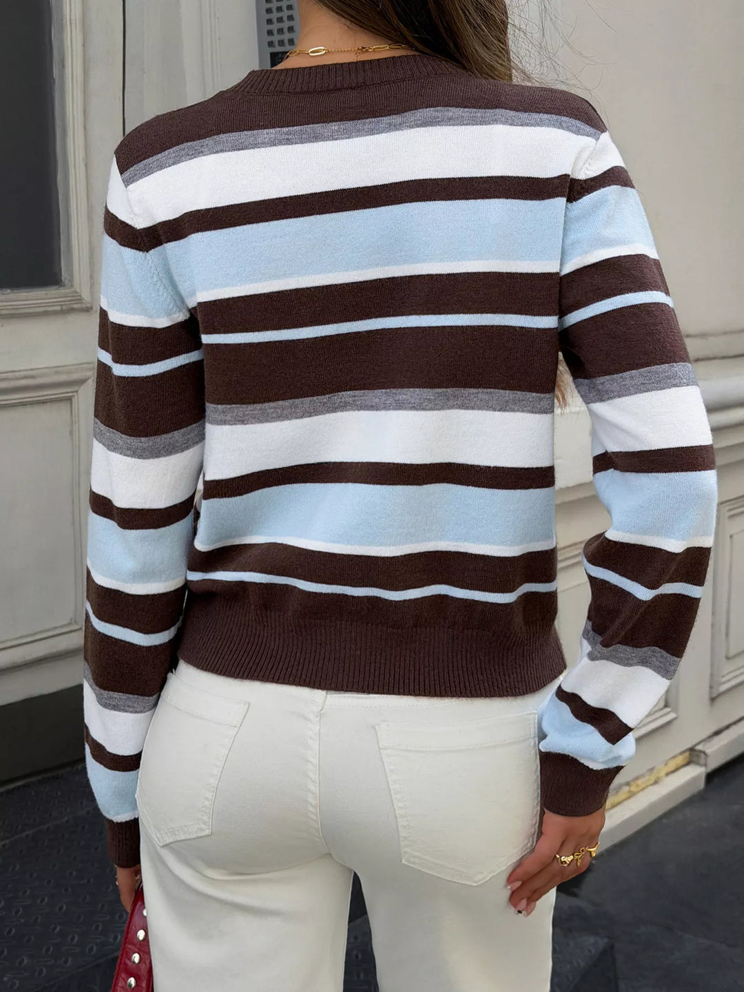 Striped knit button-down cardigan with ribbed trim