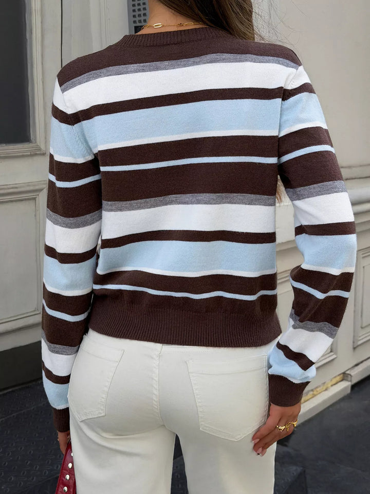 Striped knit button-down cardigan with ribbed trim