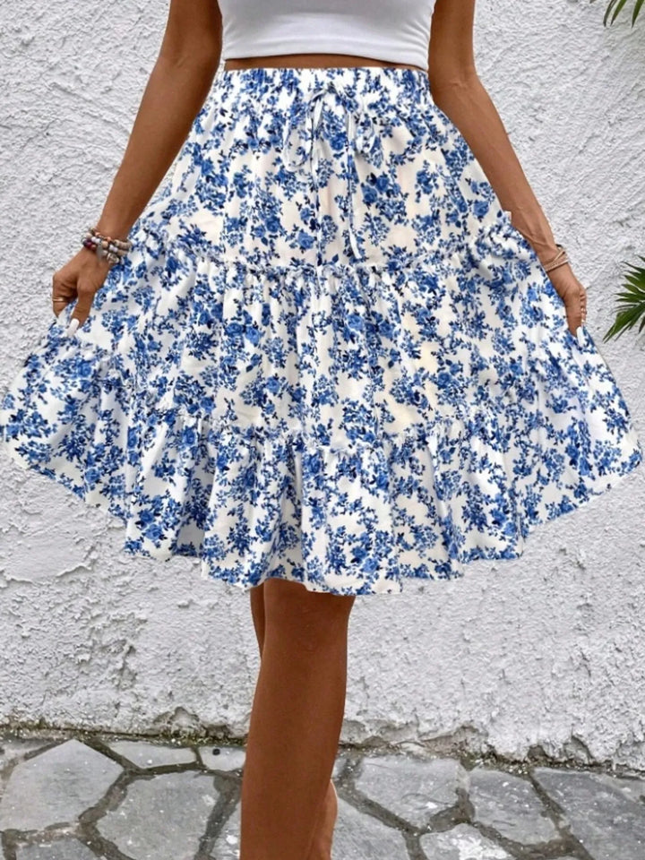 Floral print tiered ruffle mini skirt