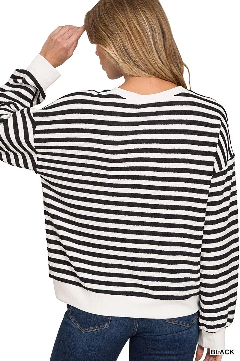 Striped textured knit sweatshirt with dropped shoulders