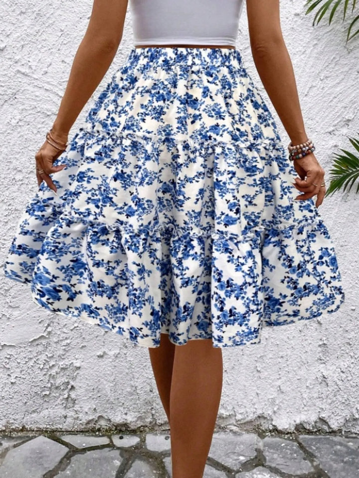 Floral print tiered ruffle mini skirt