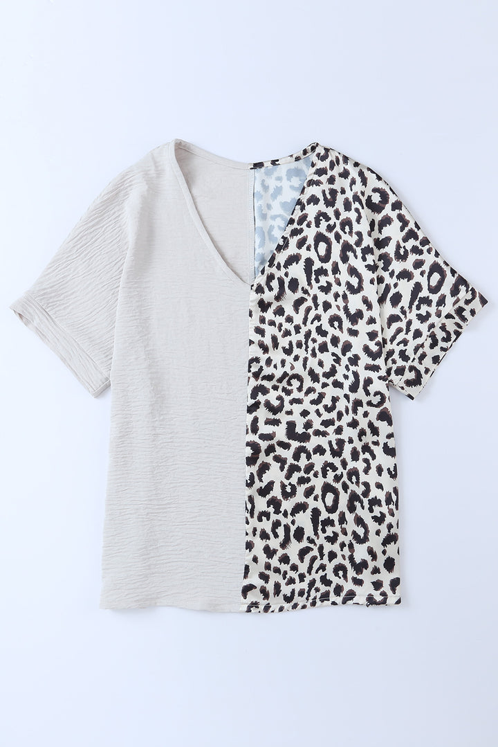 Leopard color block short-sleeve V-neck blouse