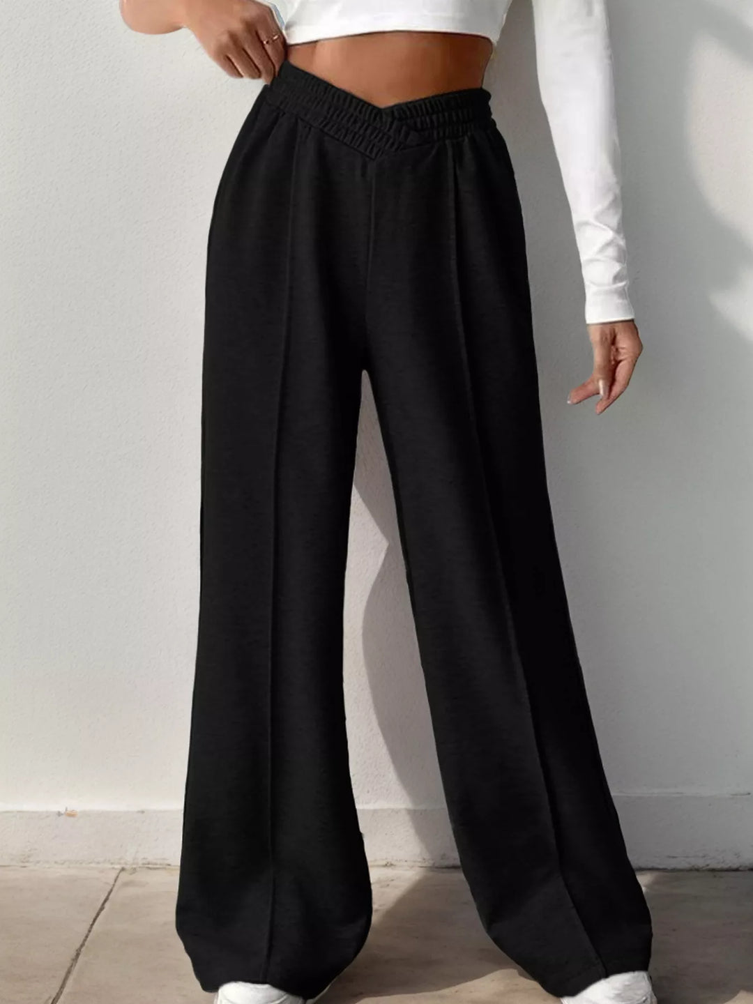 High waist wide leg pull-on pants with V-notch waistband
