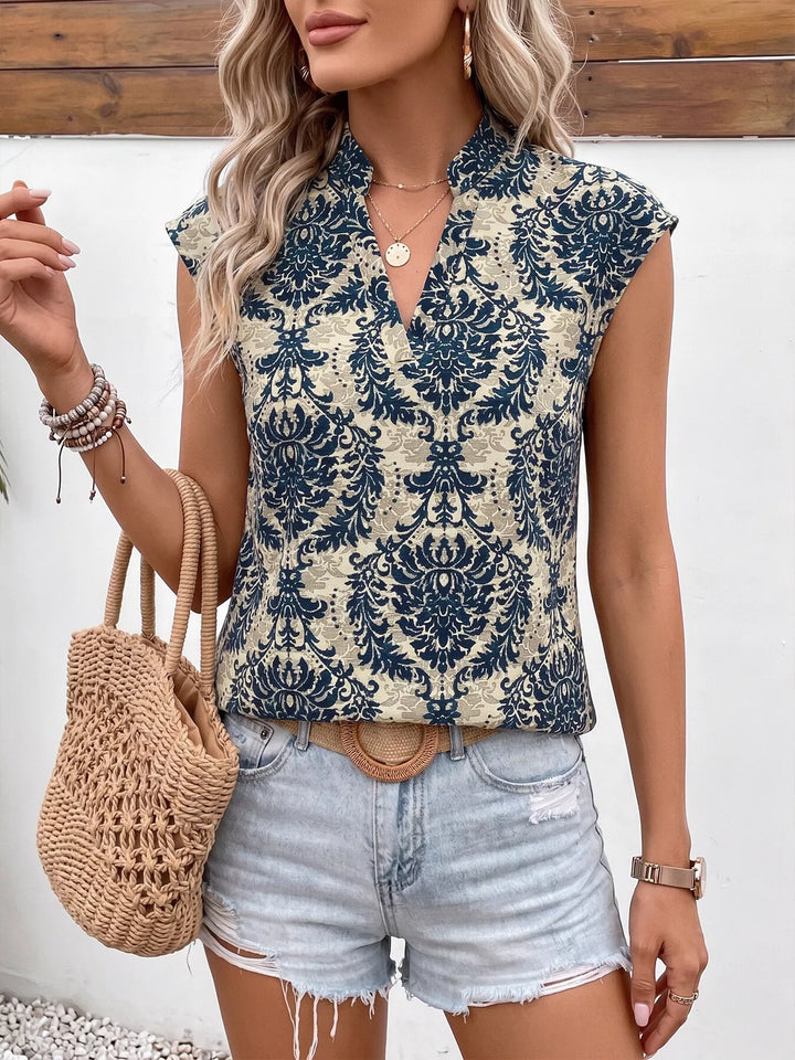 Baroque damask print cap sleeve V-neck blouse