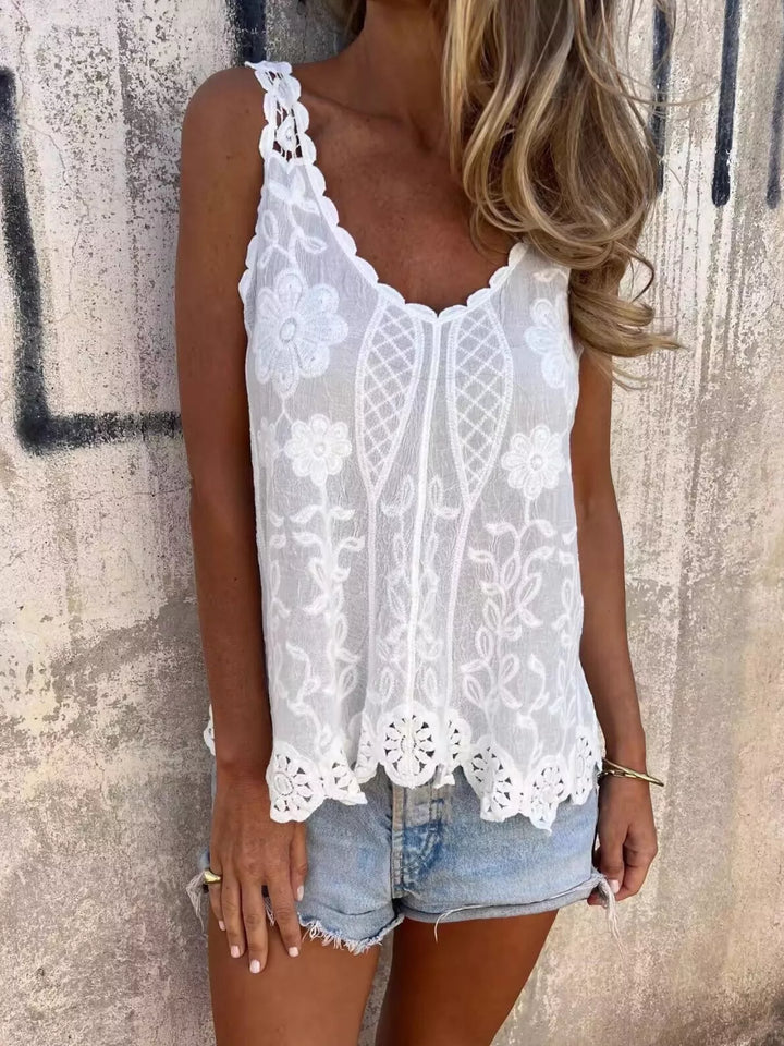 Floral embroidered lace tank top with crochet trim
