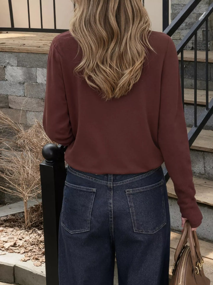 Scarf-tie collared long sleeve knit sweater