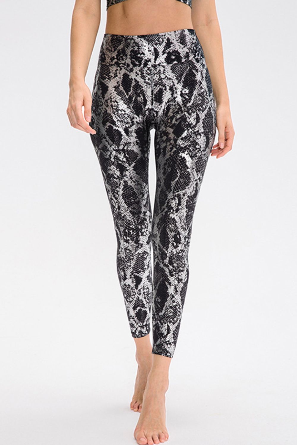 Black Metallic snakeskin print wide waistband workout leggings