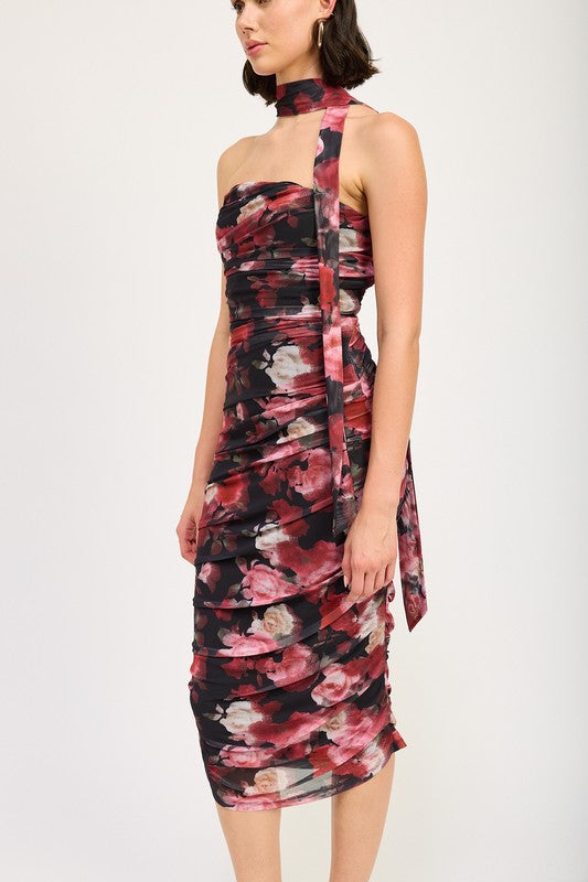 Bellflower Shirred Mini Dress With Detachable Scarf