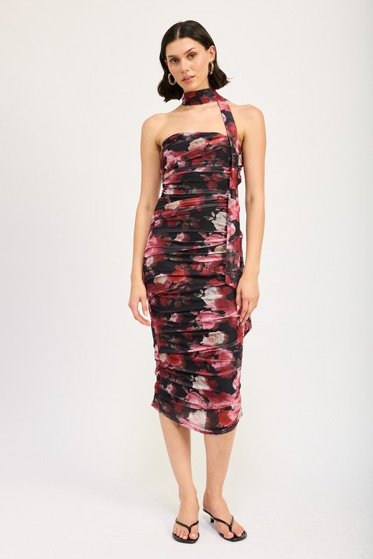 Bellflower Shirred Mini Dress With Detachable Scarf