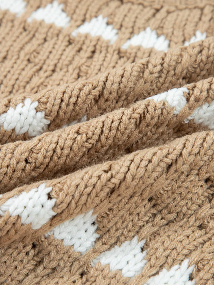 Textured knit puff sleeve sweater with contrast stripe detail
