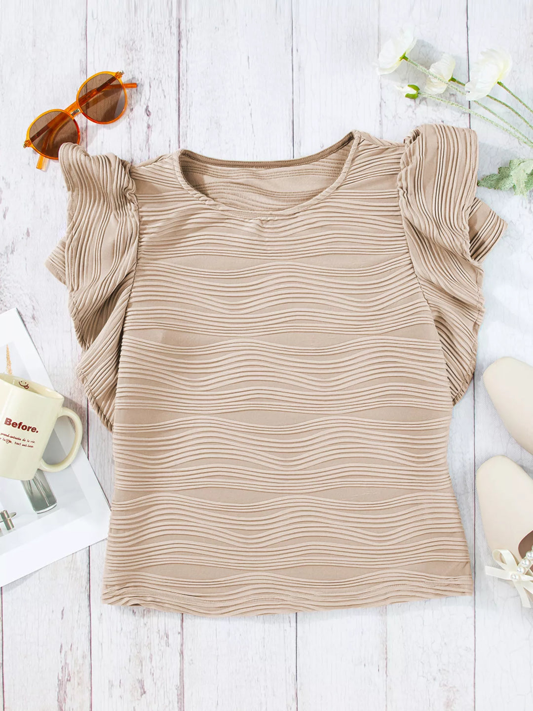 Wavy textured knit top with ruffle flutter sleeves
