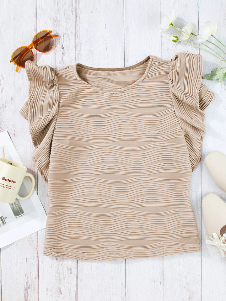 Wavy textured knit top with ruffle flutter sleeves