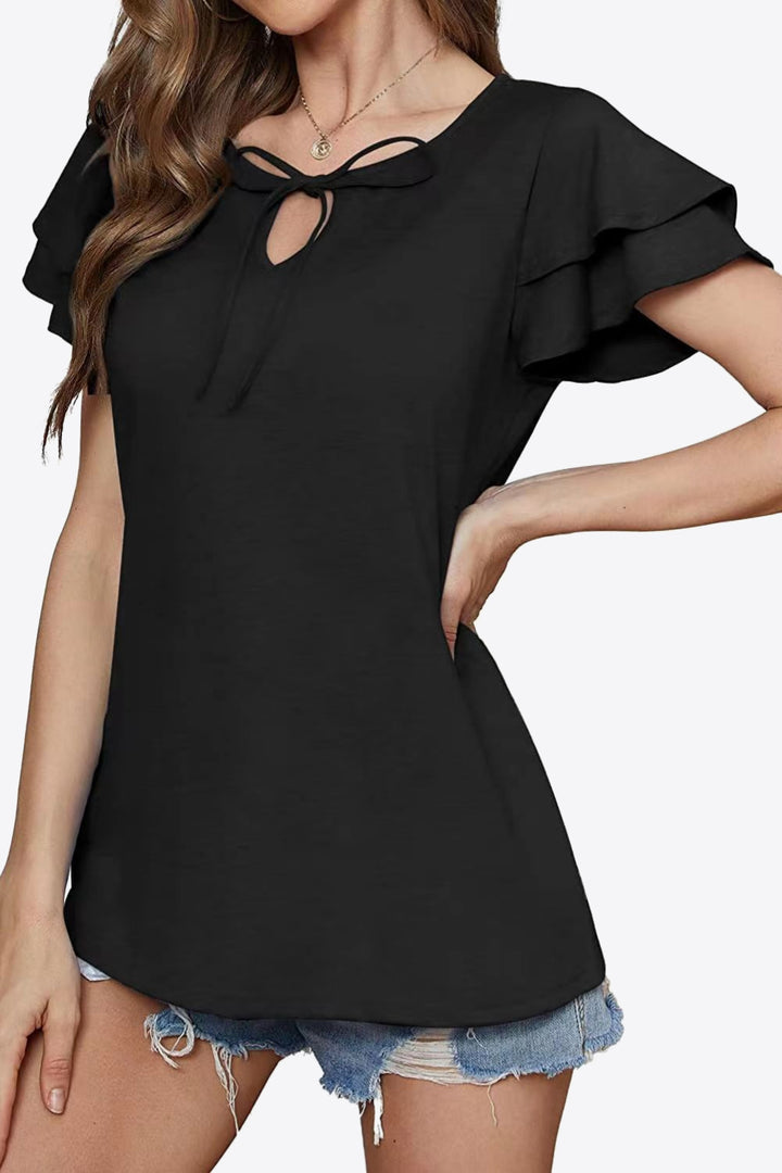 Tiered flutter sleeve blouse with split tie neck