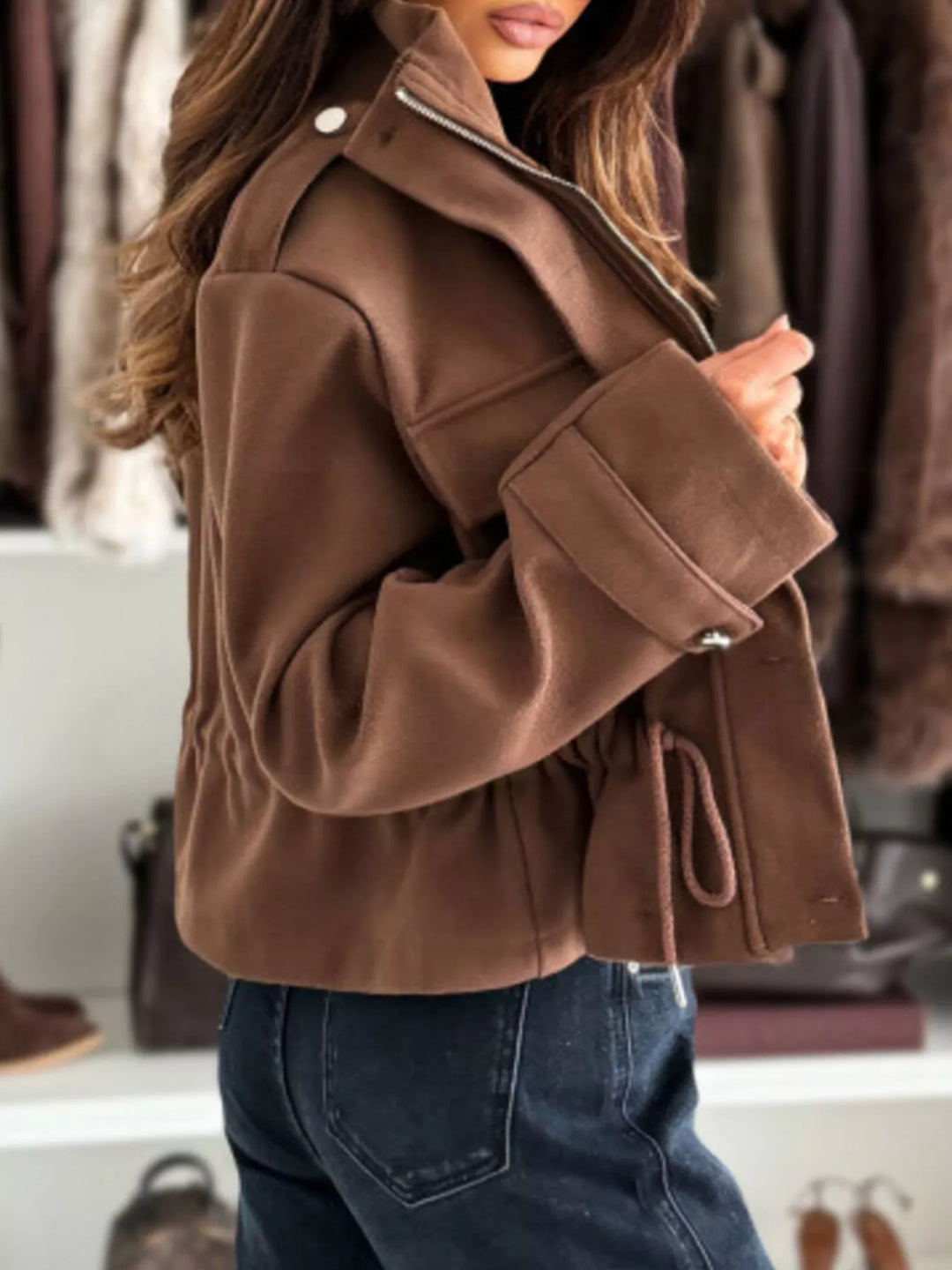 Drawstring waist button-up cropped jacket