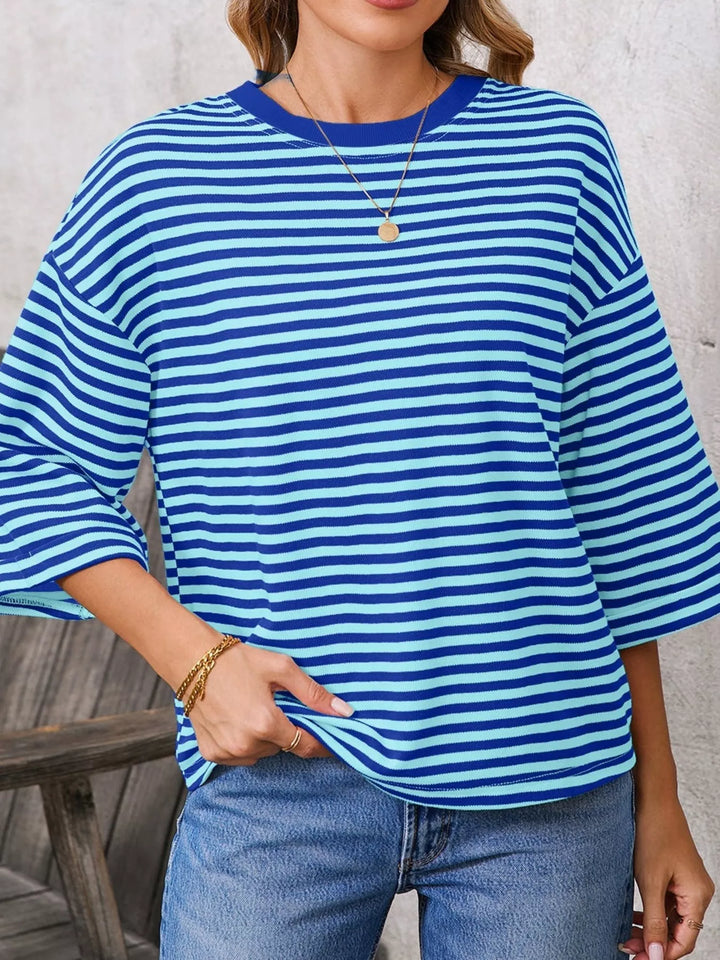 Striped oversized tee with back bow tie and keyhole cutout