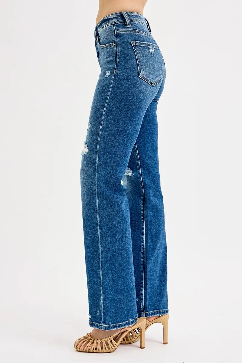Distressed high-rise straight leg jeans with tummy control