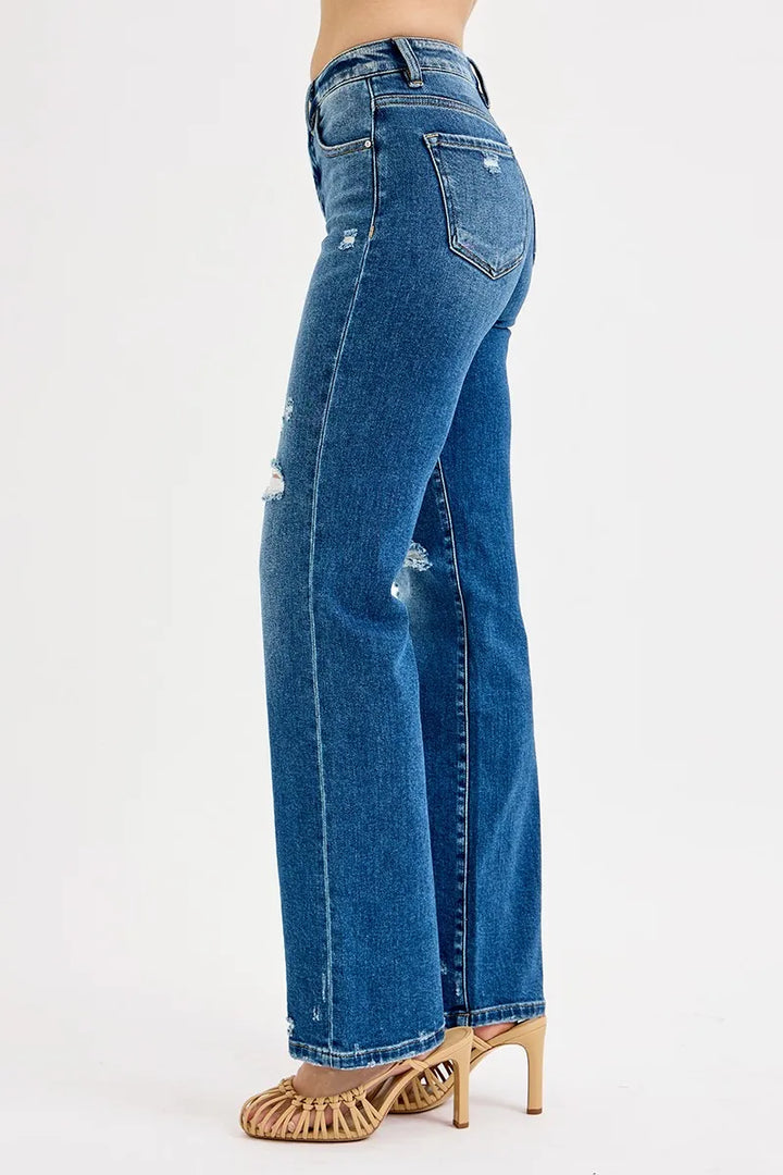 Distressed high-rise straight leg jeans with tummy control