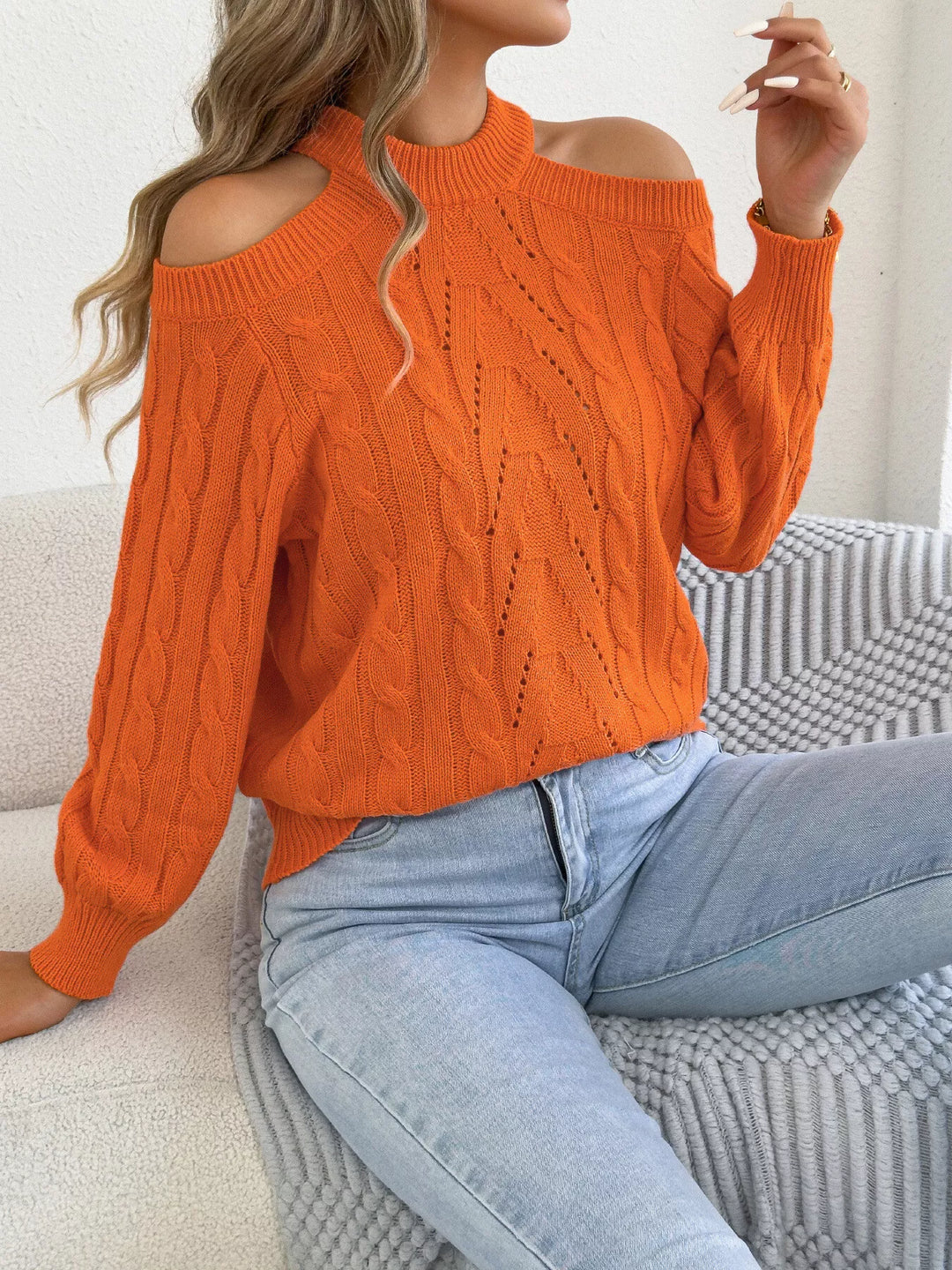 Orange Cold shoulder cable knit mock neck sweater
